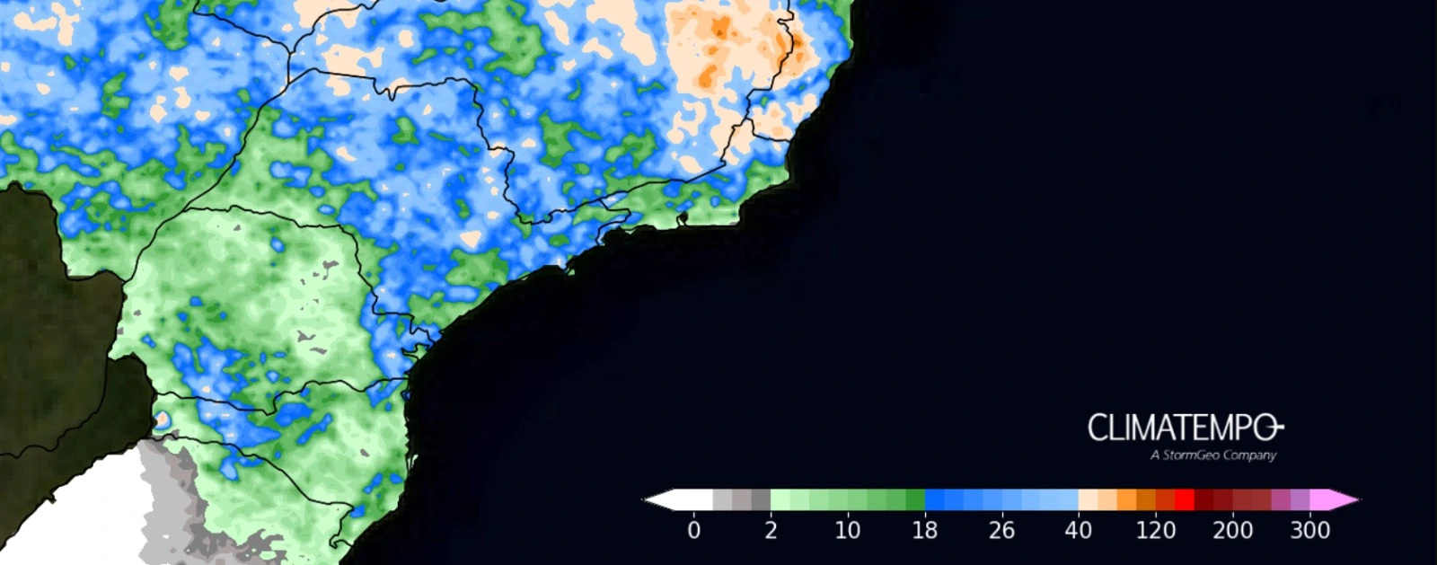 A imagem mostra um mapa para acumulados de chuva previstas principalmente na região de São Paulo 